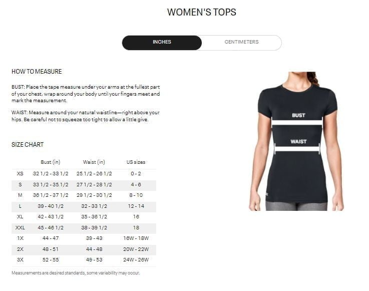 UA LADIES SIZING